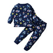 QIYUANCAI Baby Pajamas Boys Pajamsd Outfit Long Sleeve Pajamas Full Cartoon Print Tops Pants Set Boys Pjs Blue 18 Months-24 Months