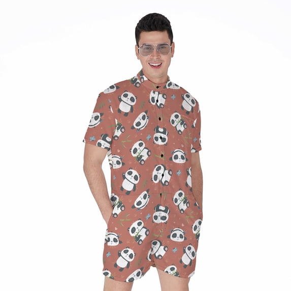 Baby Panda And Bamboo Pattern Short Sleeve Men'S Rompers, Panda Bear Casual Summer Jumpsuits Outfit