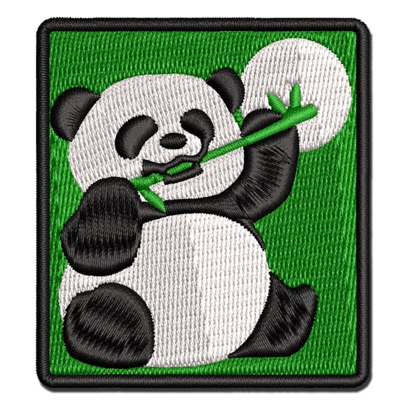 Baby Panda Bear Eating Bamboo Applique Multi-Color Embroidered Iron-On Patch - 2.0 Inch Mini