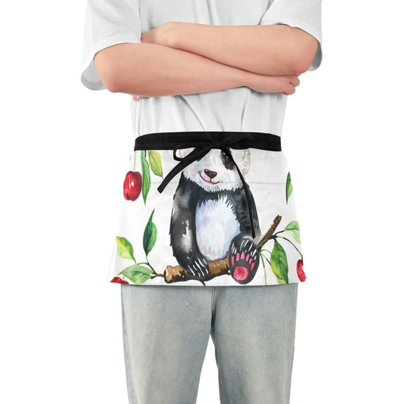 Baby Panda Cherry Waist Apron Adjustable Server Half Apron Kitchen Cooking with 3 Pockets for Men Women