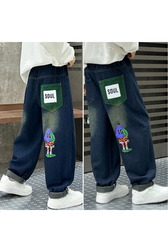 Baby Pants Boys Fall Straight Leg Jeans Soft Stretch Relaxed Everyday School Wear Blue 4-5 Years