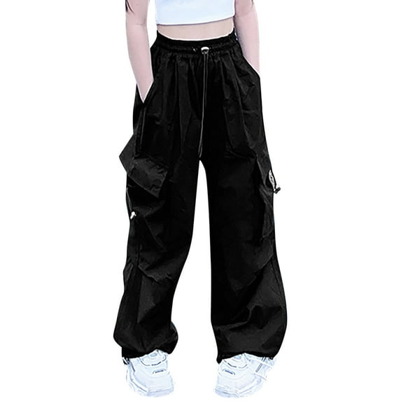 Baby Pants Cargo For Casual High Waisted Drawstring Loose Fit Pockets Sweatpants Little Girls Trousers Clothes Black 120 3Years-4Years