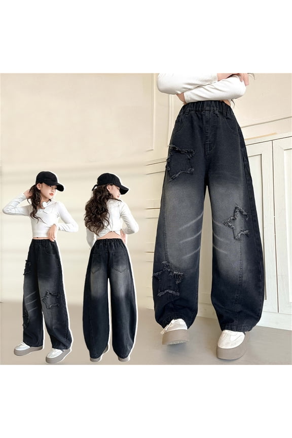 Baby Pants Girls Star Applique Flared Denim Jeans Casual Wide Leg Fall Black 4-5 Years