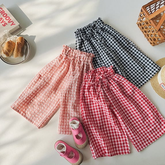 Baby Pants Girls Straight Plaid Elastic Waist Cropped Wide Leg Pants Summer Black 3-4 Years