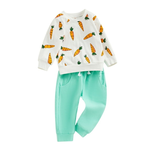 Baby Pants Set, Long Sleeve Crew Neck Carrot Print Sweatshirt with Sweatpants 2-piece Outfit for Girls Boys