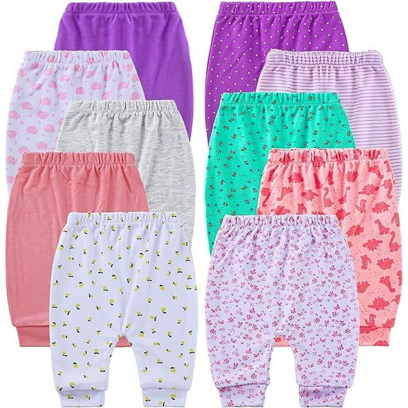 Baby Pants for Girls Soft and Comfy 100% Cotton with Ample Diaper Room 12M, Pack of 10