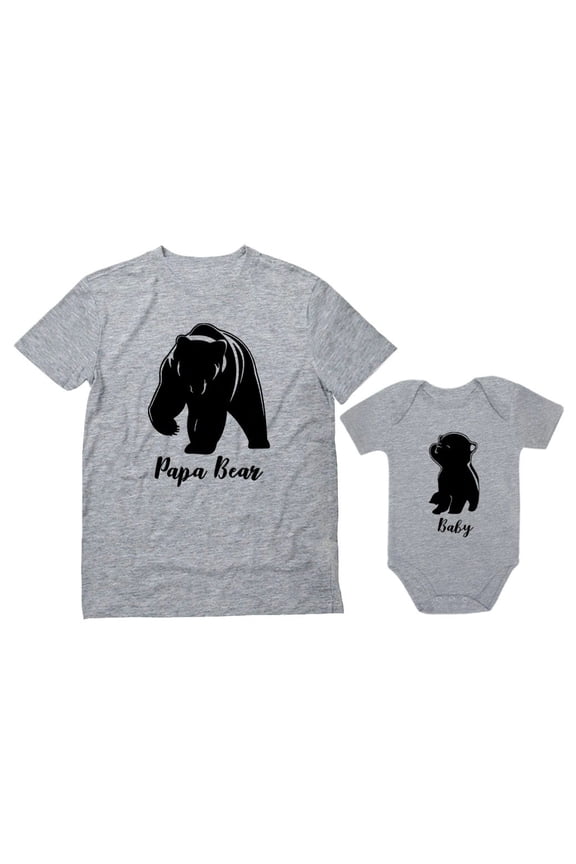 Baby & Papa Bear Men's T-shirt & Baby Bodysuit Outfit Father & Son Matching Set Dad Gray Small / Baby Gray 24M (18-24M)