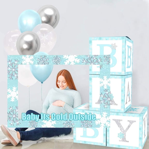 Baby Party Decor Set for the Icy Winter - A Chilly Theme in Light Blue and Silver-White, Including Photo Frame, Building Blocks, and Balloons