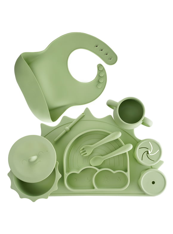 Baby Pastels - Baby Feeding Set - Baby Led Weaning Supplies - Silicone Suction Utensils/Cutlery/Dishes/Dinnerware for 6-36 Months - Bowl, Plate, Spoon Fork, Bib, Placemat, Cup 11 Pieces (Pastel Green)