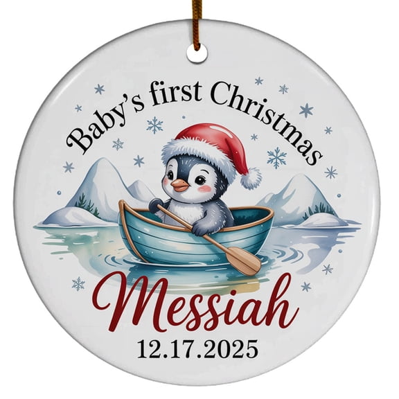 Baby Penguin First Christmas Ceramic Ornament, Cute Penguin Christmas Ornament Gift for Baby's 1st, Customized Baby's Name & Birthday Ceramic Christmas Ornament Gift