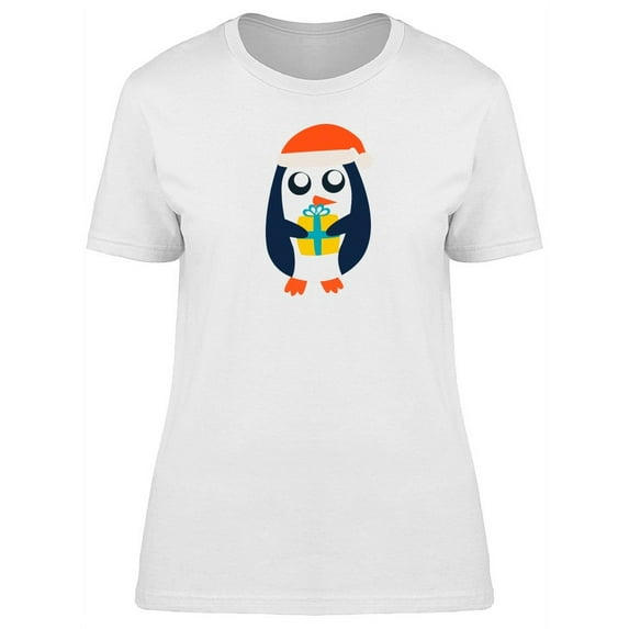 Baby Penguin Holding Santa Gift T-Shirt Women -Image by Shutterstock, Female XX-Large