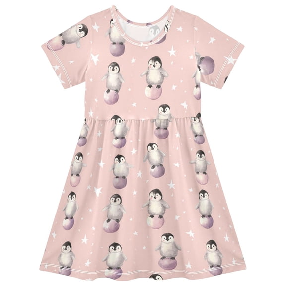 Baby Penguin Short Sleeve Dress A-Line Cute Midi Casual Sundress 2-8 Years