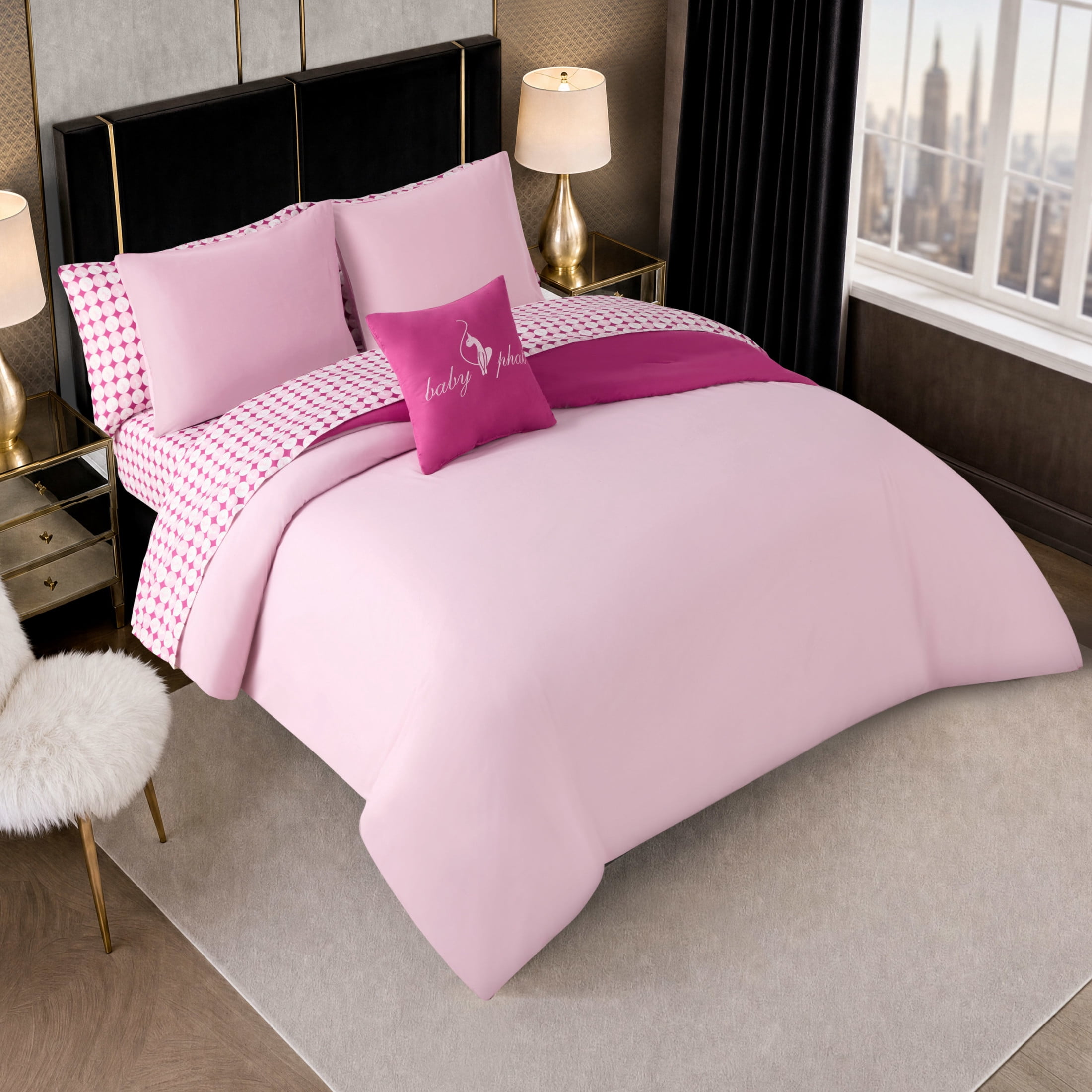 Baby Phat Circles Solid 8-Piece Reversible Comforter Bed in a Bag, Pink, Queen