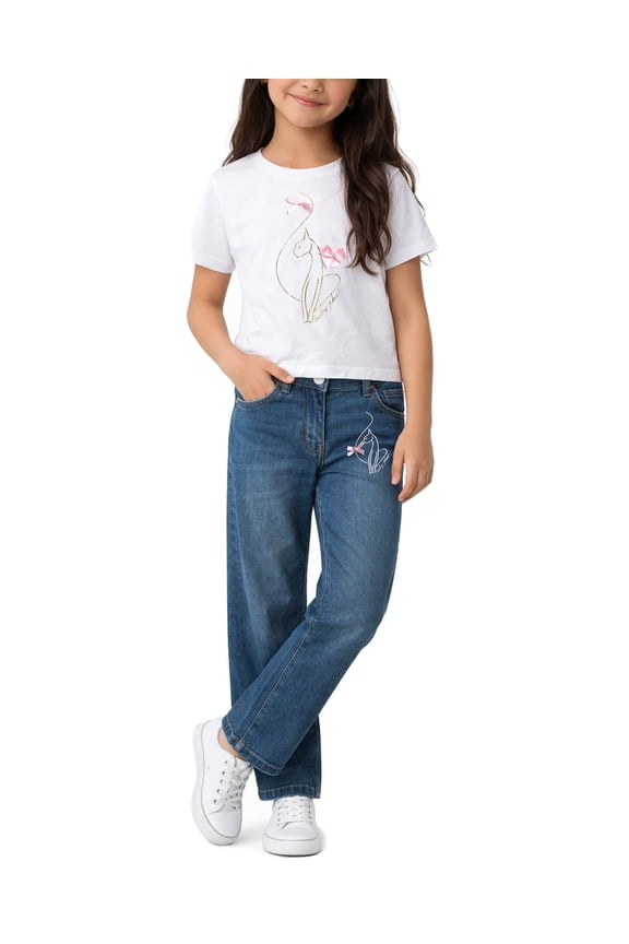 Girls Denim Set - 2 Piece Soft Crewneck Girls Shirts and Wide Leg Denim Jeans Set (4-12)