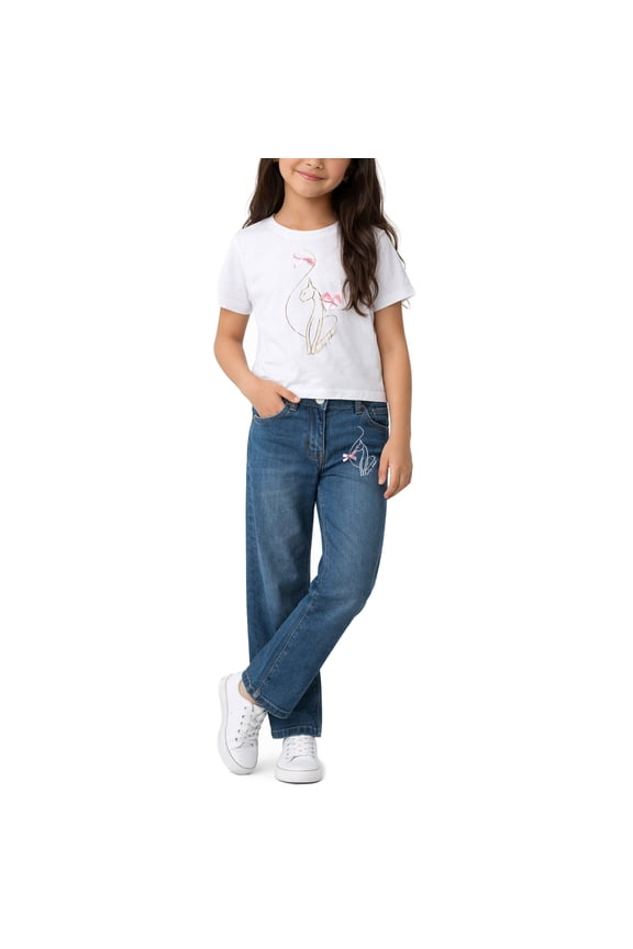 Girls Denim Pants Set Soft Crewneck Girls Shirts and Wide Leg Denim Jeans Set 2 Piece