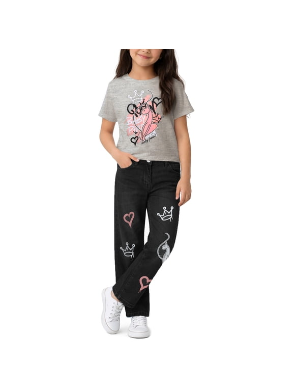 Girls Denim Pants Set Soft Crewneck Girls Shirts and Wide Leg Denim Jeans Set 2 Piece