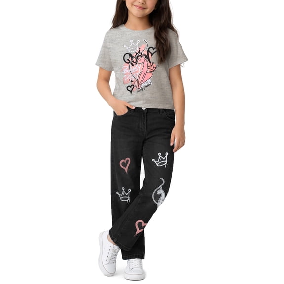 Baby Phat Girls Denim Set - 2 Piece Soft Crewneck Girls Shirts and Wide Leg Denim Jeans Set (4-12)