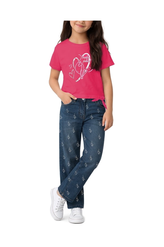 Girls Denim Set - 2 Piece Soft Crewneck Girls Shirts and Wide Leg Denim Jeans Set (4-12)