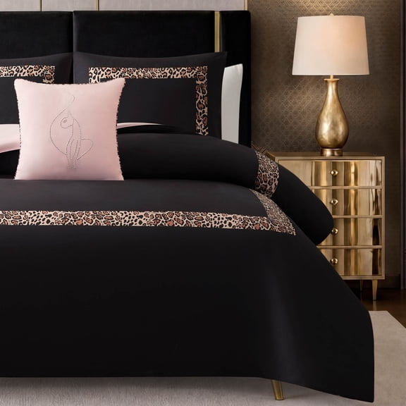 Baby Phat Leopard Hotel Border 4-Piece Comforter Set, Black, Full/Queen