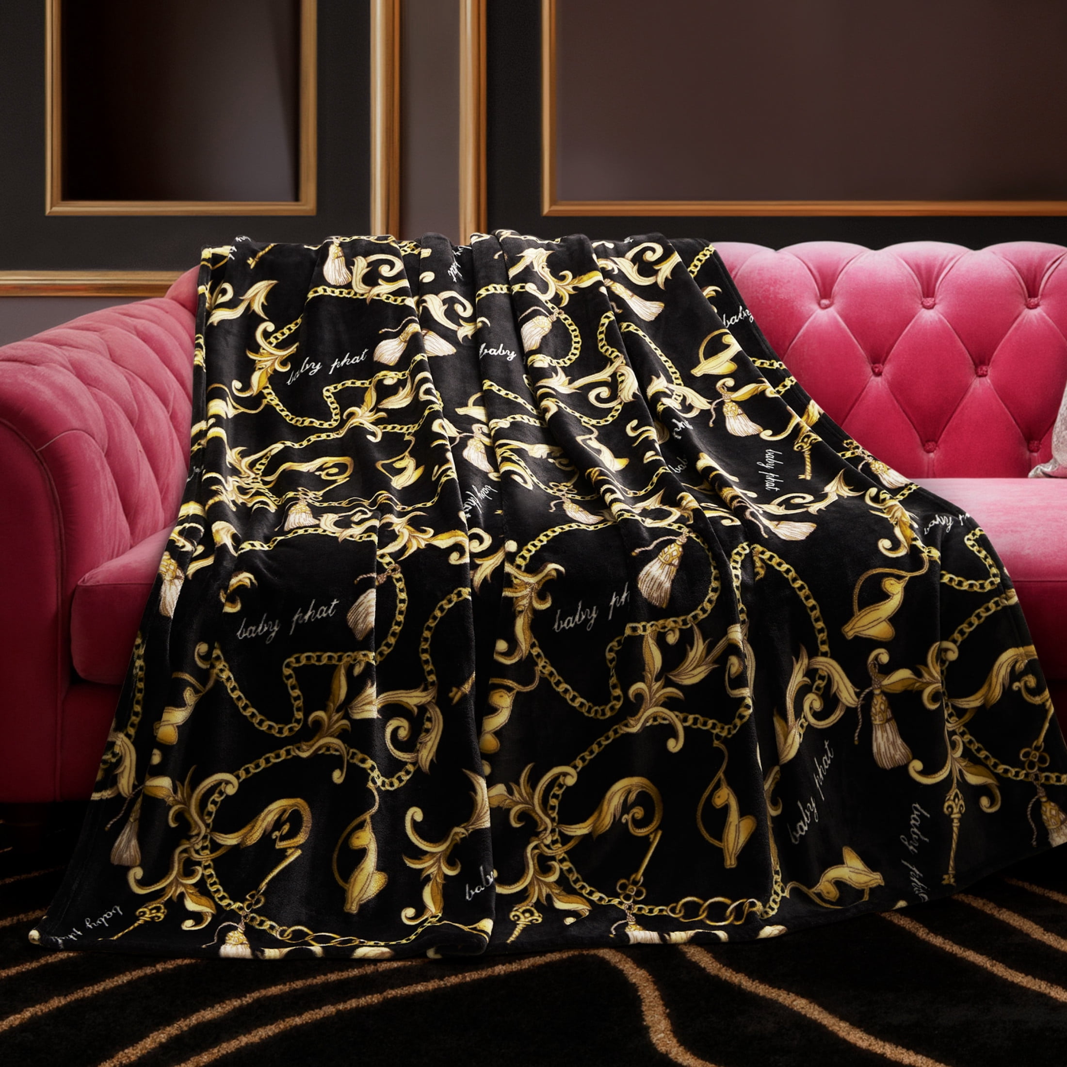 Baby Phat Oversized Plush Throw Blanket 60" x 70", Gold Chains Black