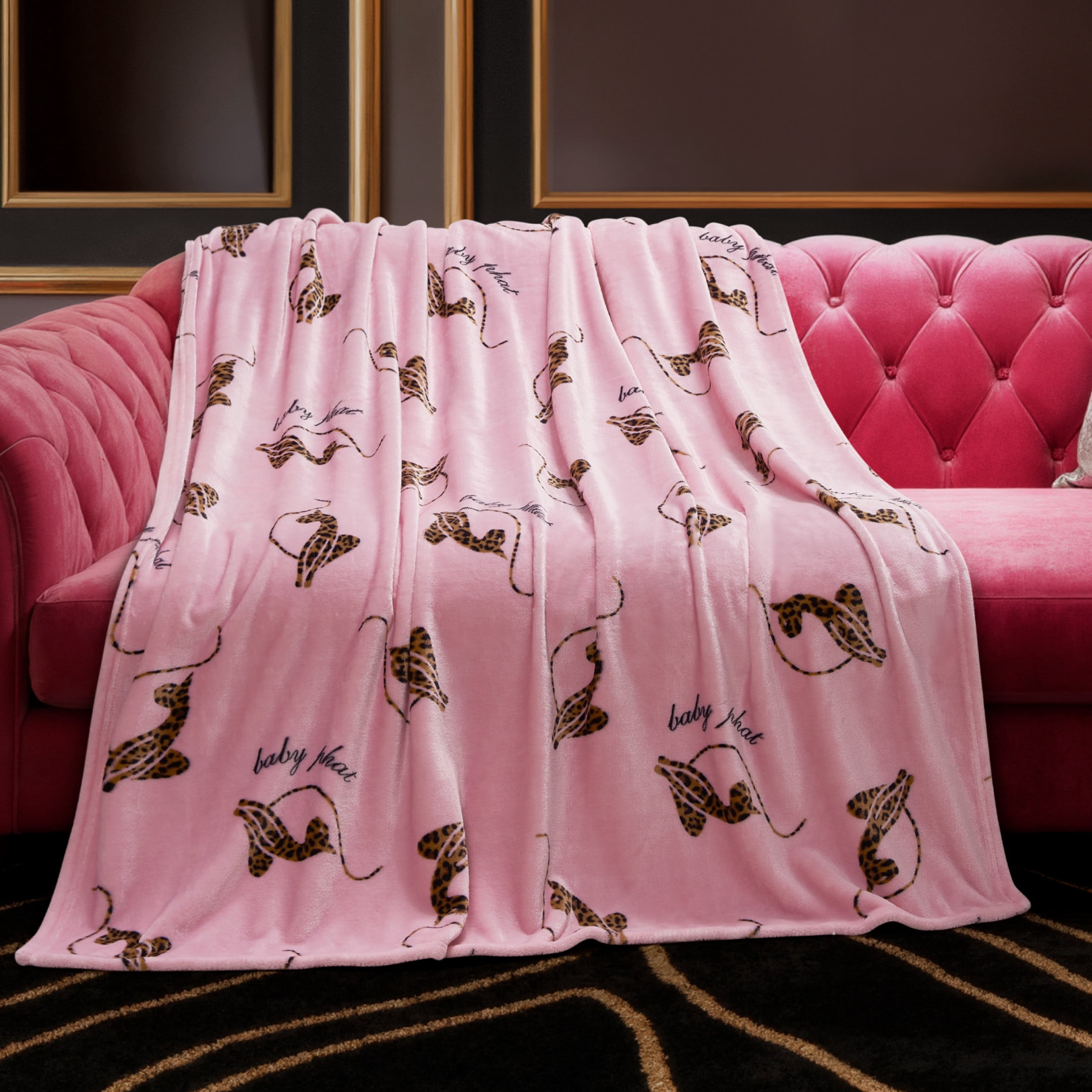Baby Phat Oversized Plush Throw Blanket 60" x 70", Leopard Cats Tossed Logo Pink