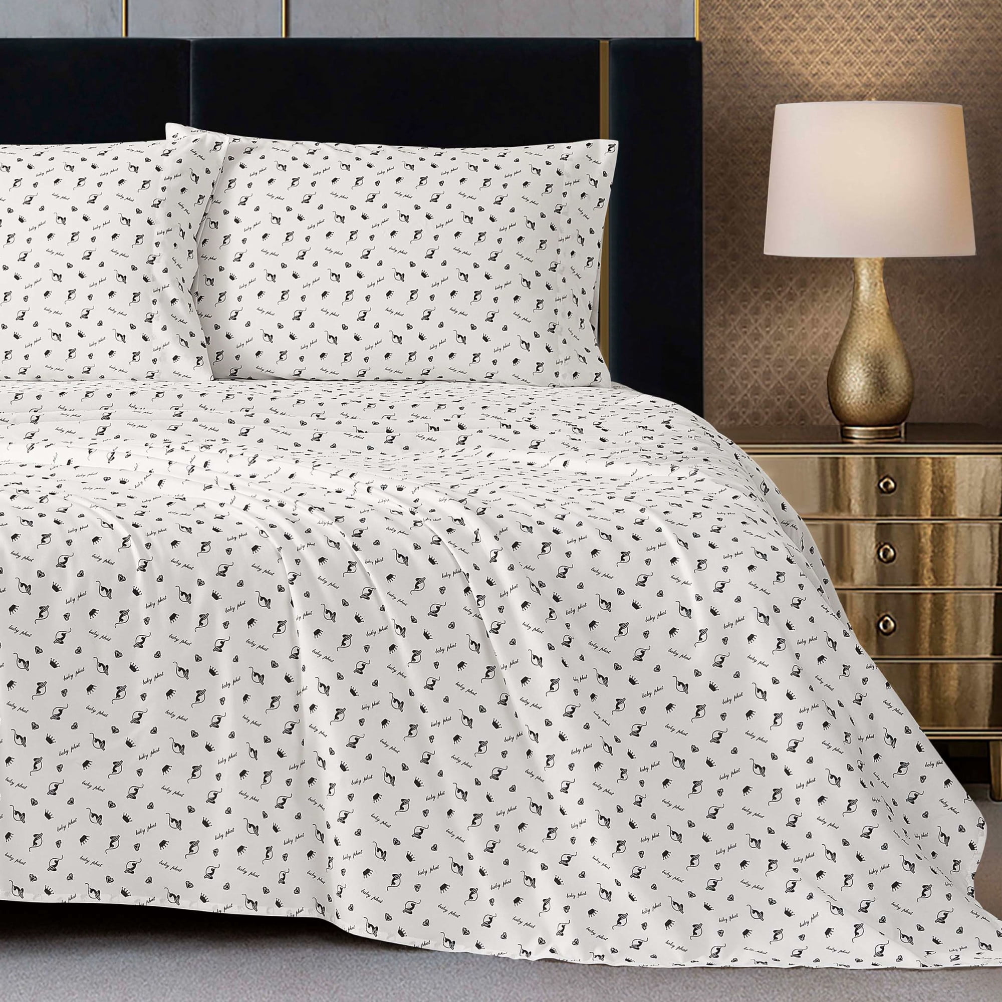 Baby Phat Printed Microfiber Sheet Sets, 4-Piece Queen, White
