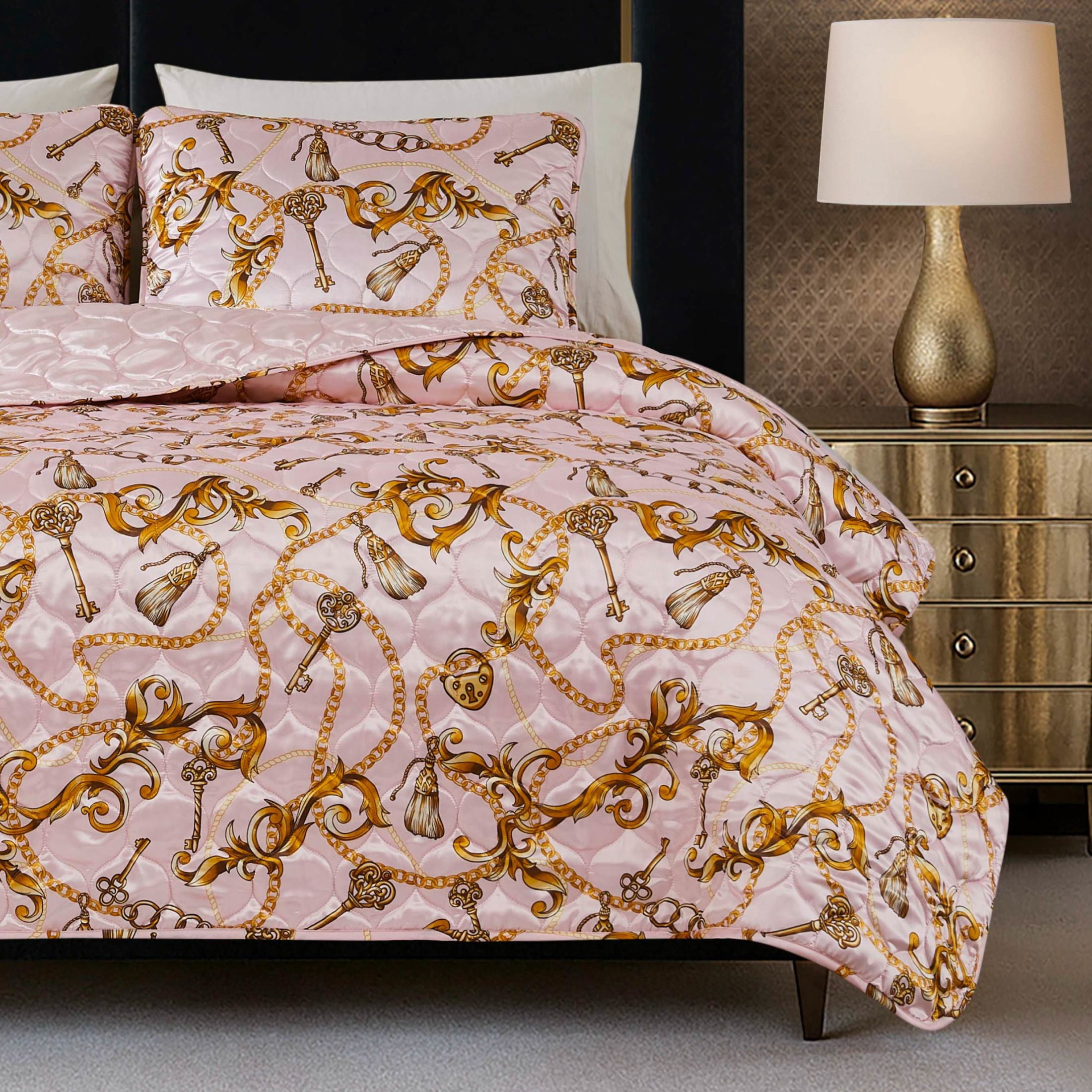 Baby Phat Printed Satin Chain Light Pink 3-Piece Quilt Set, Full/Queen