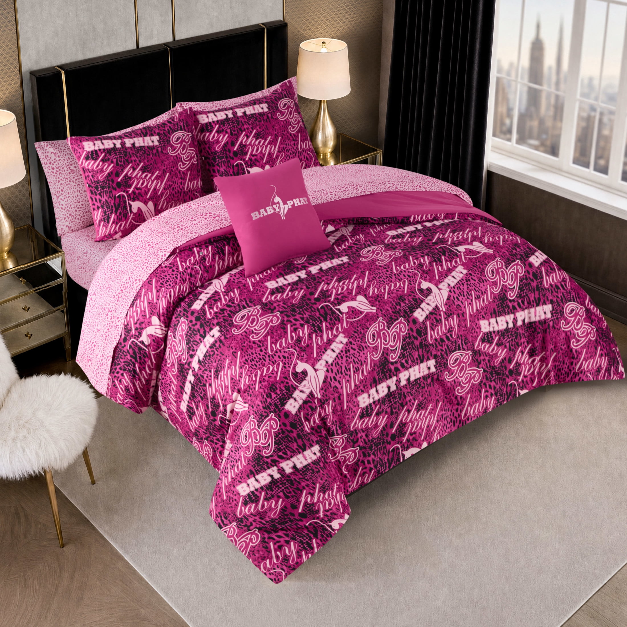 Baby Phat Tossed Logo 8-Piece Reversible Comforter Bed in a Bag, Pink, King