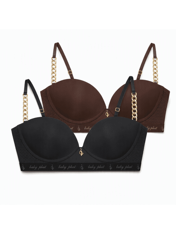 2-Pack Sexy Push-Up Bras: Deep Plunge Demi or Balconette | Wire-Free | Signature Baby Phat Cat Charm (Group 1 (Black - Espresso), 36B