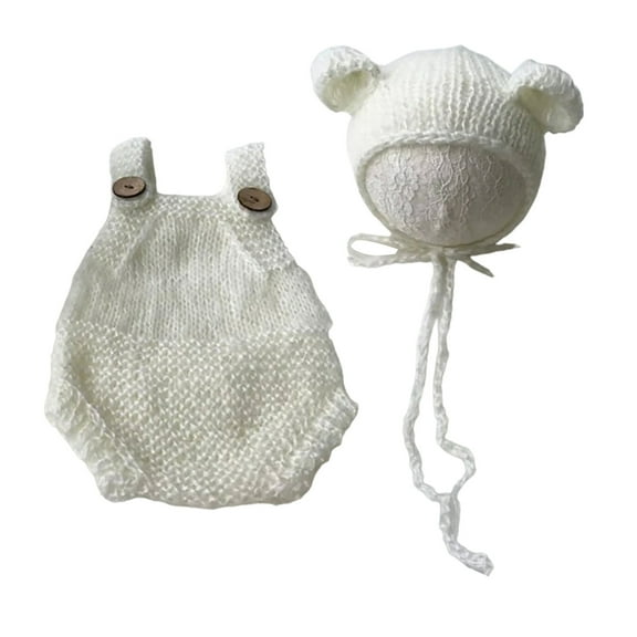Baby Photoshooting Props Bear Outfit Knit Hat Suspenders Set Photo Posing Props Photography Props Bodysuit