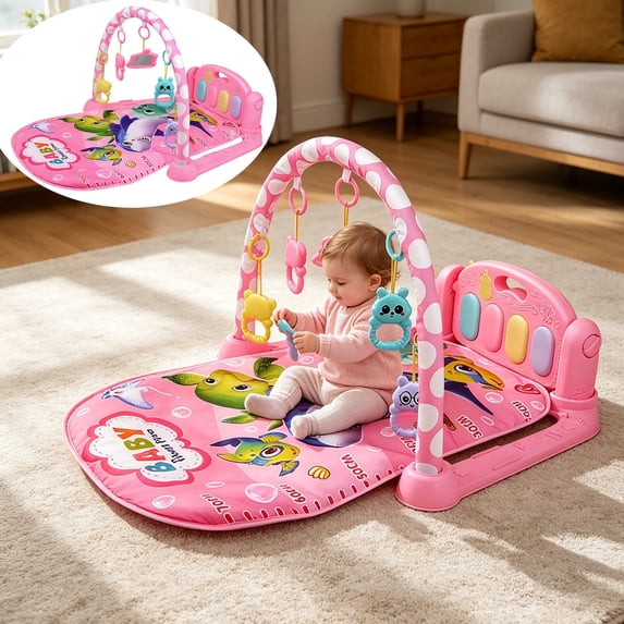 Baby Piano Play Gym Activity Mat, Pink Animal Hanging Rattles Kick Piano Fitness Playmat, Early Sensory Educational Tummy Time Toy for Newborn Infants 0-15 Months