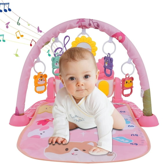 Baby Piano Play Mat: Play Musical Activity Gym, Baby Crawling Mat, Tummy Time Mat for 0-12 Months Infants, 4 Colorful Hanging Toys, Sun Flower Mirror