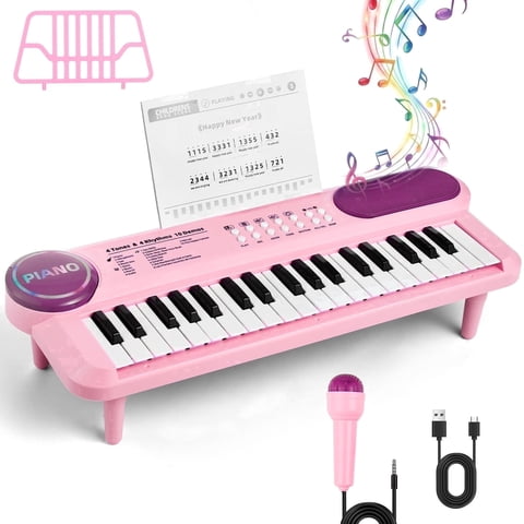 Baby Piano Toys for Kids, 37 Keys Electronic Keyboard with Microphone, Portable Piano for Toddlers, Educational Keyboard Musical Instrument Toys for Girls Boys, Pink