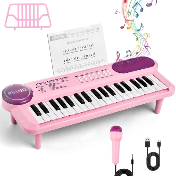 Baby Piano Toys for Kids, 37 Keys Electronic Keyboard with Microphone, Portable Piano for Toddlers, Educational Keyboard Musical Instrument Toys for Girls Boys, Pink