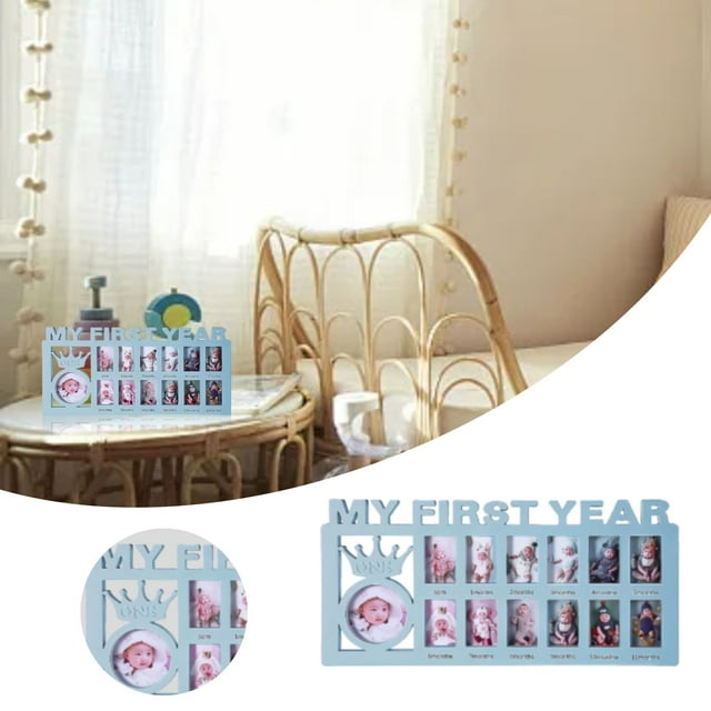 Baby Picture Frame My First Year Frame Baby Photo Frame 12 Month Baby Keepsake Frames Monthly Milestone Desktop Picture Frame for Photo Memories Baby 1st Birthday (Blue)