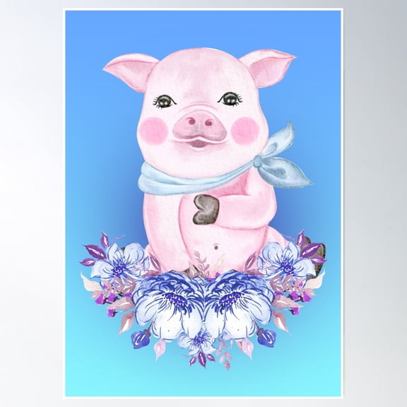 Baby Pig Piglet On A Blue Background- Vintage Wall Arttrendy Retro Print Room Decor Wall Art , Poster Print Only