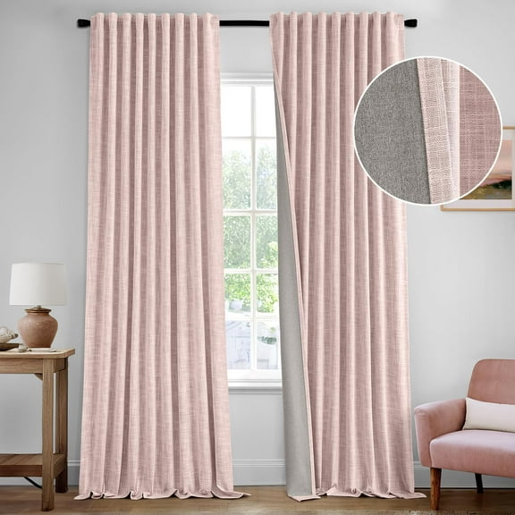 Baby Pink 100% Blackout Linen Curtains 84 Inch 2 Panels Set Double Sided No Coating Pleated Back Tab Black Out Long Thermal Insulated Pinch Pleat Bedroom Living Room Darkening Window Drapes