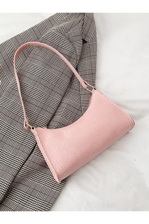 Baby Pink Croc-Embossed Mini Shoulder Bag With Adjustable Strap