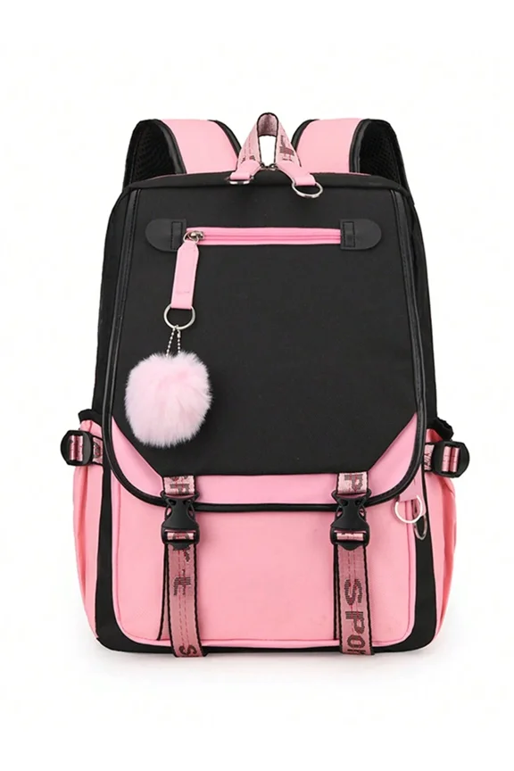 Baby Pink Functional Backpack With Pom-Pom Charm, Zipper Closure