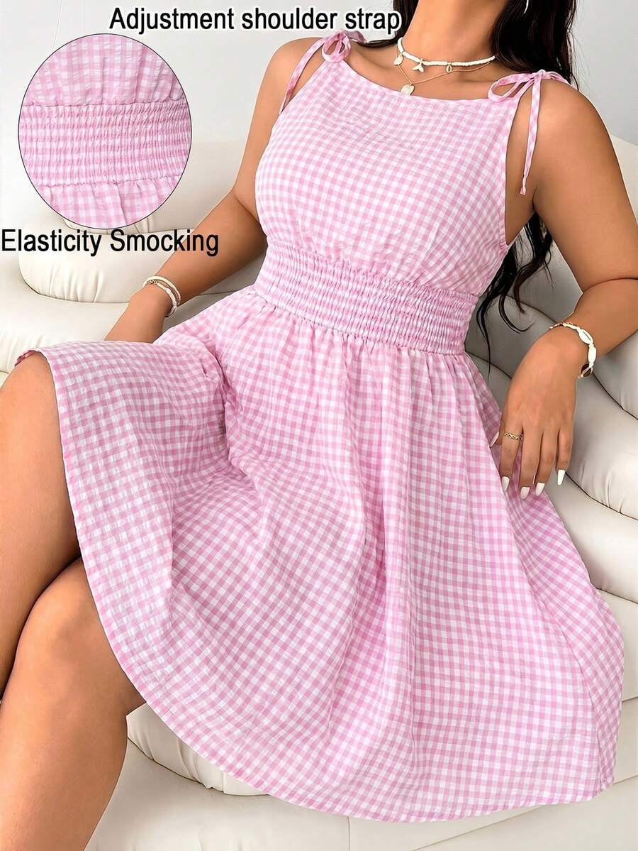 Baby Pink Gingham Sleeveless Dress With Adjustable Shoulder Ties And — free download