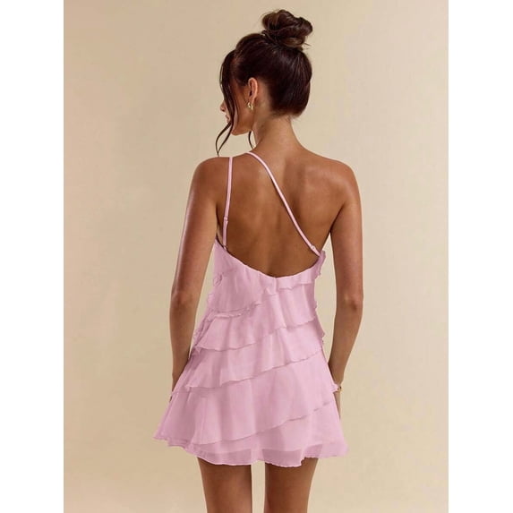 Baby Pink Layered Ruffle Mini Dress With Open Back And Adjustable ...