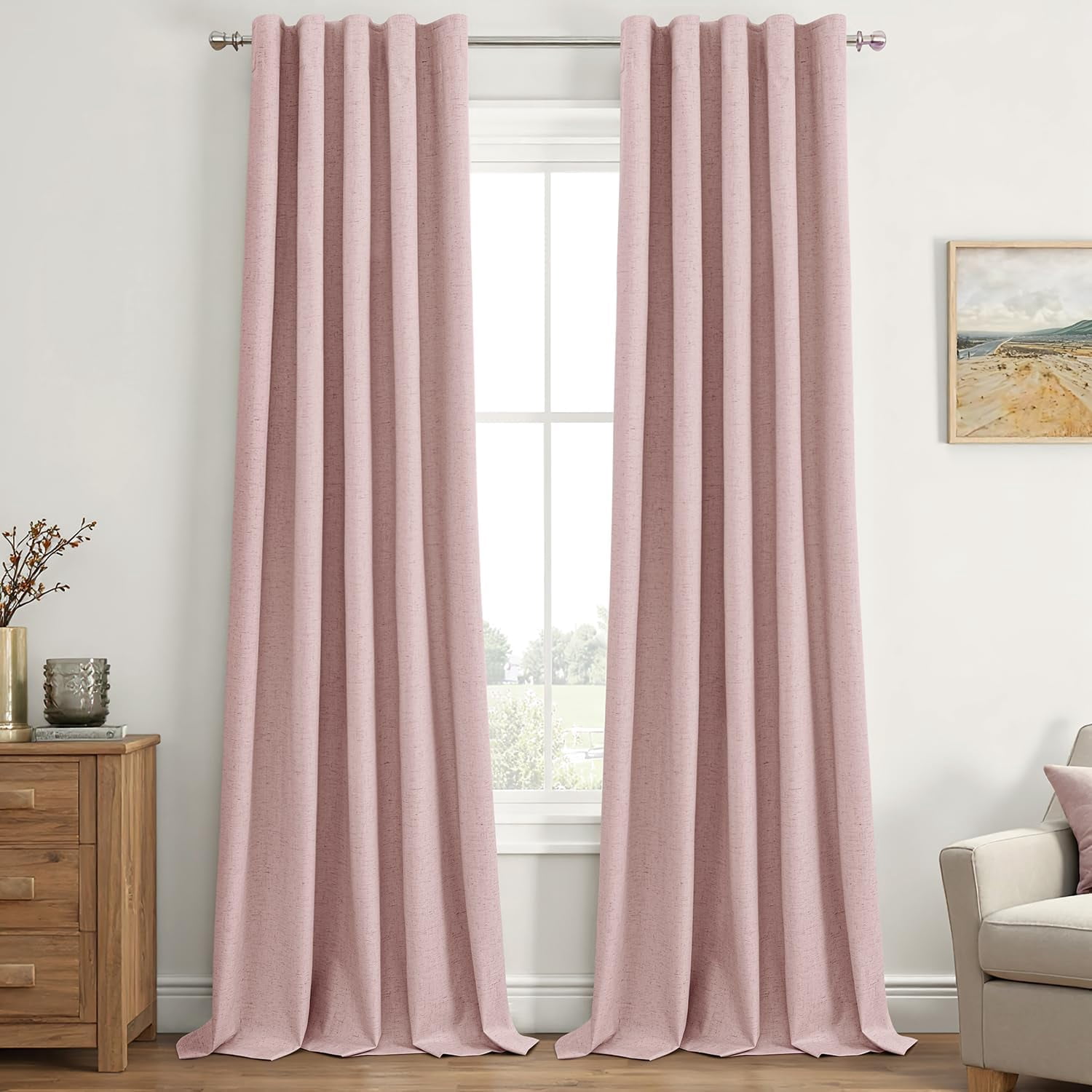 Baby Pink Linen Blackout Curtains 84 inch Long 2 Panels Set for Bedroom Back Tab Thermal Insulated 100% Black Out Drapes Pinch Pleated Hooks Room Darkening Window Curtain for Living Room