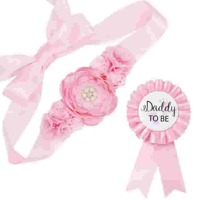 Baby Pink Maternity Sash Daddy to Be Corsage Set Baby Shower