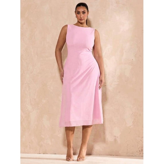 Baby Pink Plus Size Sleeveless Mid-Length A-Line Bodycon Dress With Ruched Detail