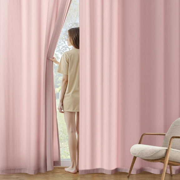 Baby Pink Privacy Sheer Curtains 90 inches, Semi Sheer Light Filtering Non-See-Through Drapes for Living Room Bedroom, 2 Panels