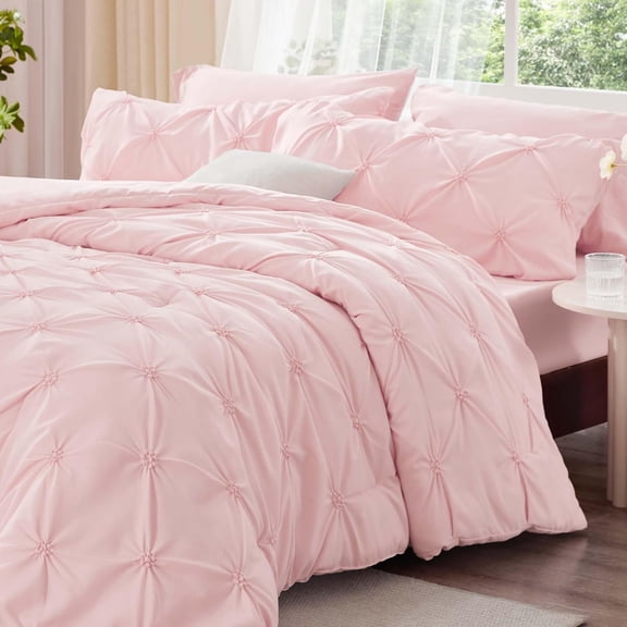 Baby Pink Queen Comforter Set - 3 Pieces Boho Pintuck Bedding Comforter Sets, Lightweight Soft & Warm Bed Comforter Queen with 2 Pillowcases for All Season
