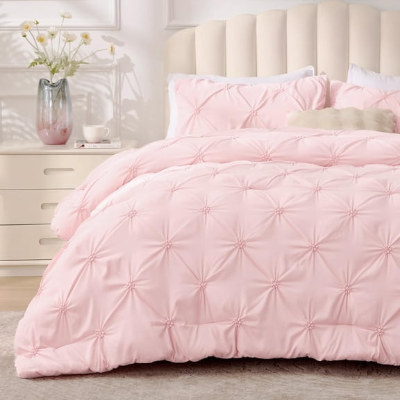 Baby Pink Queen Comforter Set 3 Pieces Boho Pintuck Lightweight Soft Warm All Season with 2 Pillowcases