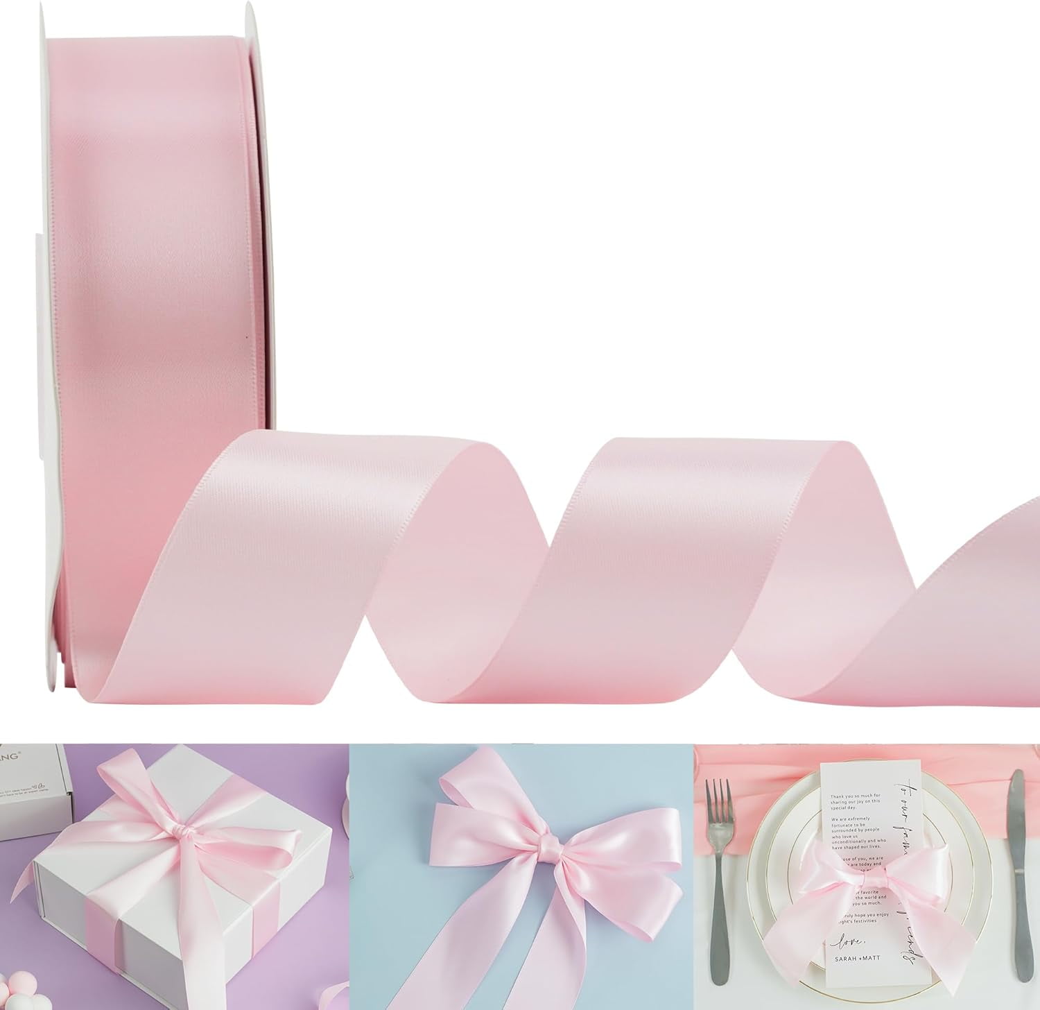Baby Pink Ribbon Satin 1-1/2" Wide Double Face Polyester Satin Ribbons for Crafts, Thick Silk Ribbon for Gift Wrapping Hair Bows Floral Bouquet Cake Box Baby Shower Decor Party-50 Yards