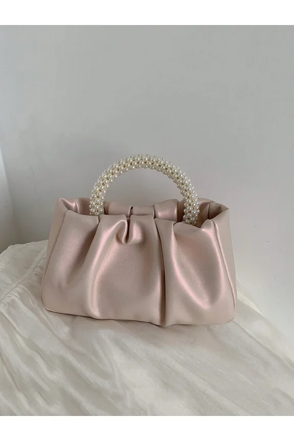 Baby Pink Top Handle Handbag With Faux Pearl Handle