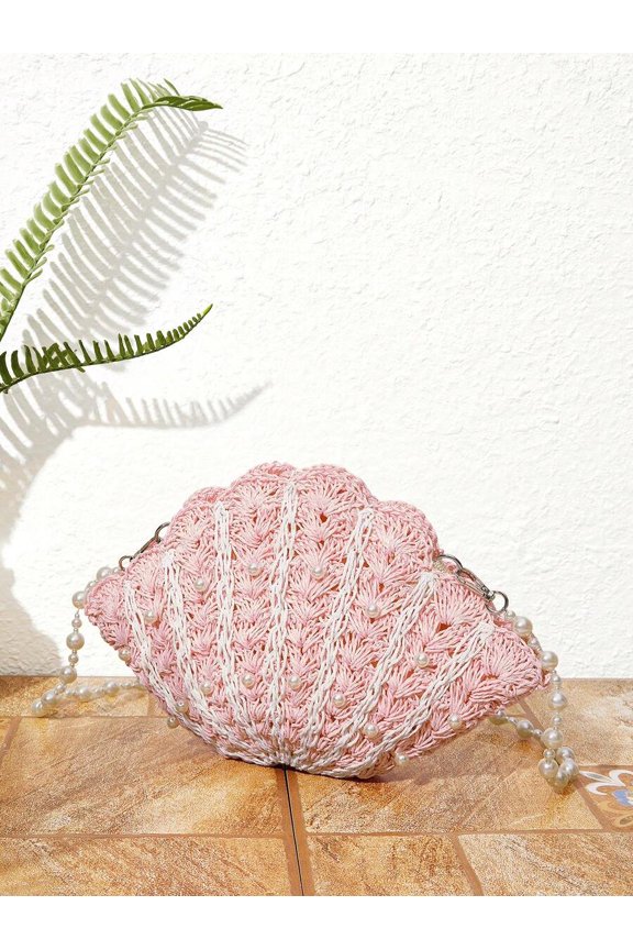 Baby Pink Woven Shell Clutch With Pearl Chain Strap